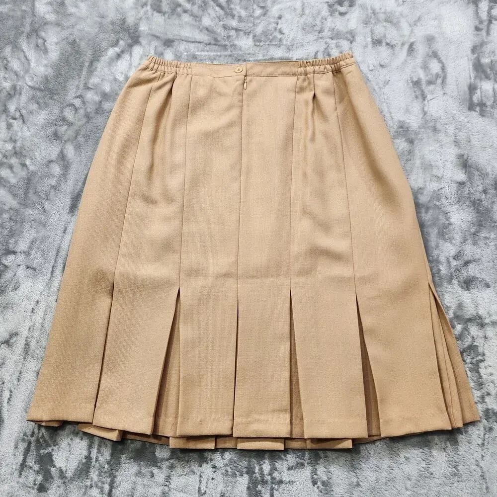 Vintage BFA Classics Skirt Womens 12 Tan Pleated‎ Back Zip Elastic Waist Preppy_2